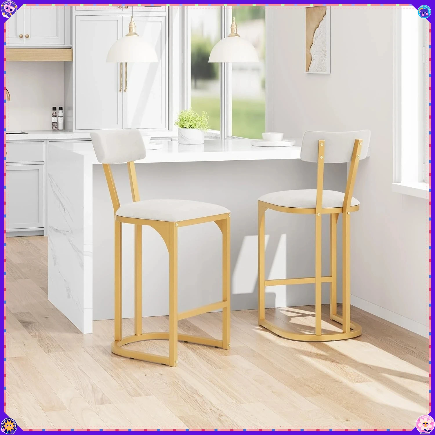 Bar Stool Set of 2 with Backrest | Modern Tall Upholstered Counter Height for Dining Table & Island