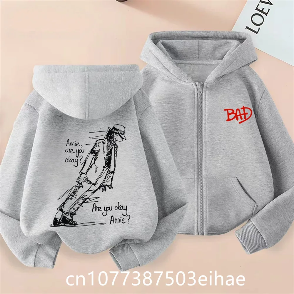 Michael Jackson Thin Long Sleeve Zipper Jacket Boys Hooded Clothes Autumn Spring Singer MJ Zip Up Streetwear with Pocket Tops