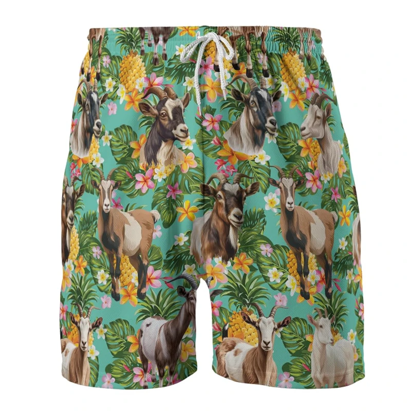 Calça curta masculina de cabra animal estampa 3D, calção de praia casual de cabra havaiana, calção de ovelha, calças Aloha Kids