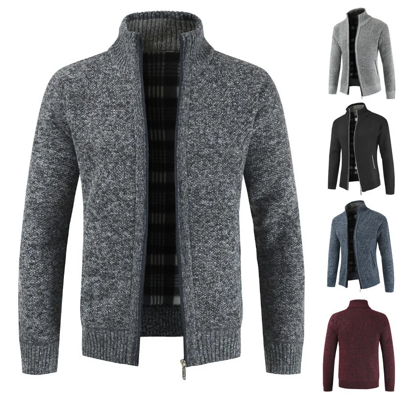 

Autumn Winter Men's Zipper Collar Long Sve Knitted Sweater Casual Sle Polyester Fiber Pure Color Youth Faion Outerwear
