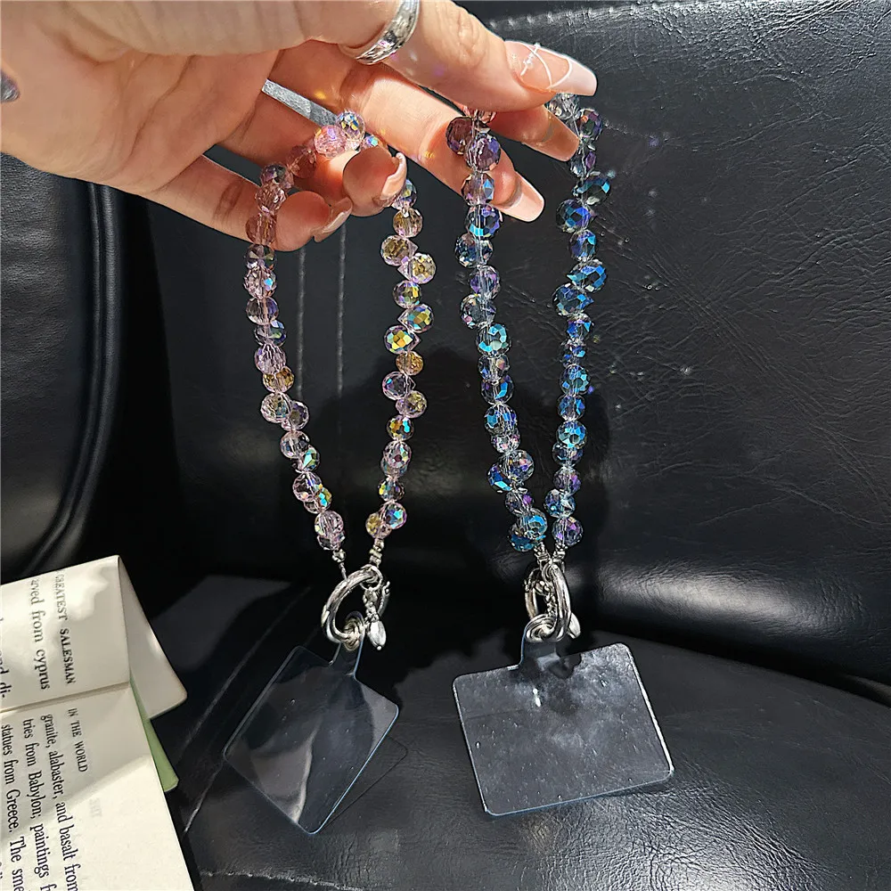 Luxury Colorful Laser Crystal Bead Phone Bracelet Strap Charm Chain Knot Cellphone Lanyard Keychain Bag Camera keychain Pend