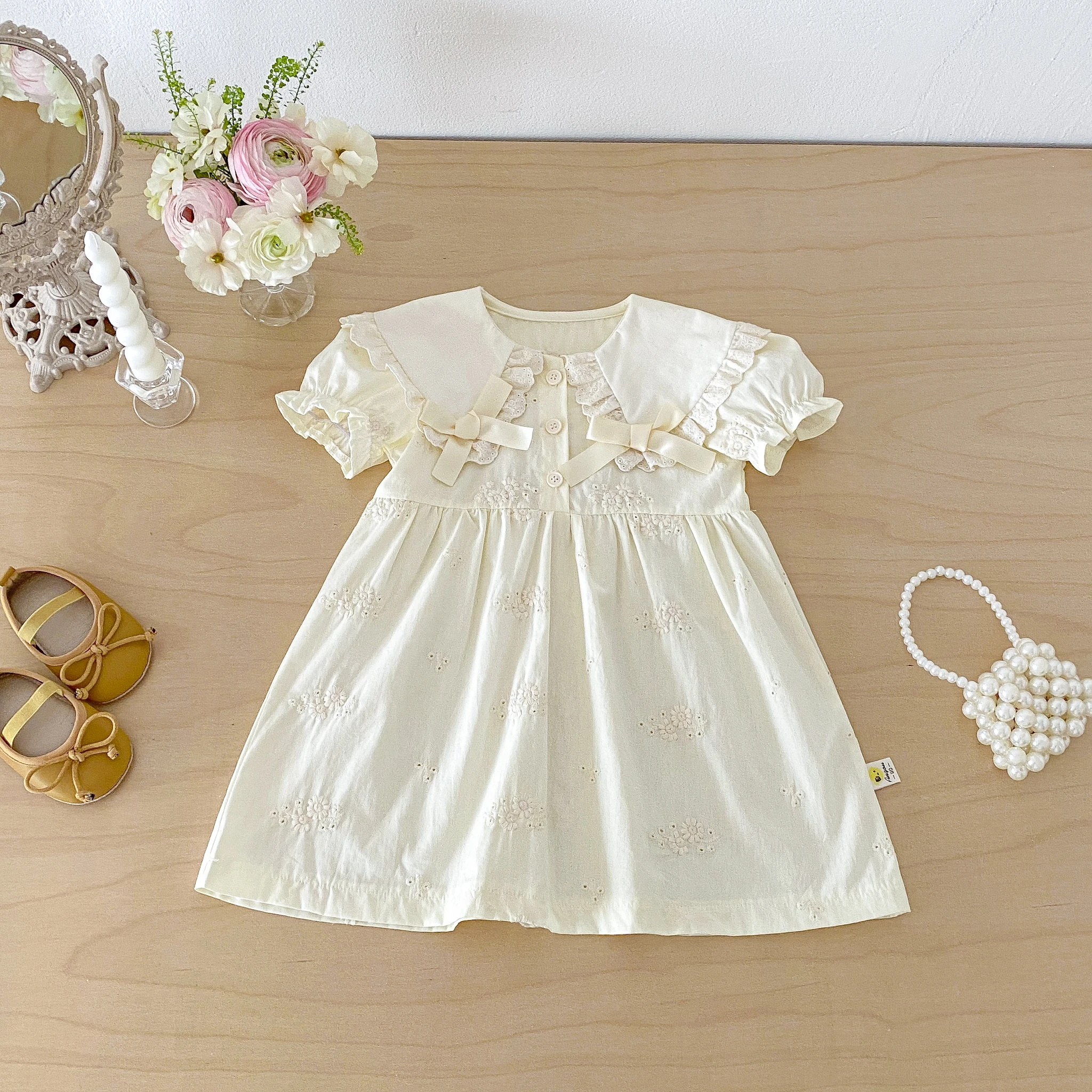 Sommerliches, stilvolles, mädchenhaftes, schleifenförmiges Babykleid für Mädchen, süßes Prinzessinnenkleid im koreanischen Stil für Kinder – Detail 2