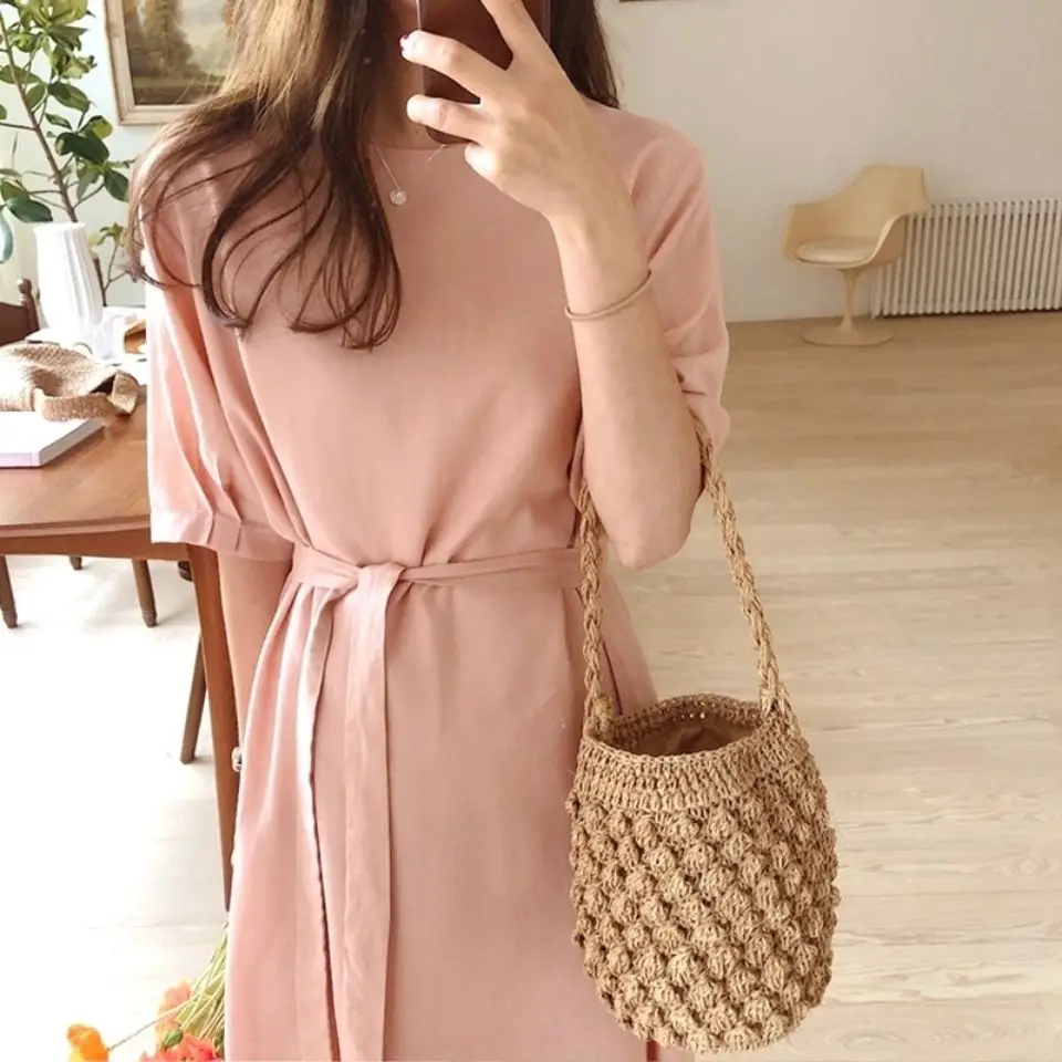 Summer Handmade Grass Woven Rattan Woven Grass Niche Seaside French Hand-Held One Shoulder Bucket Bag for Women