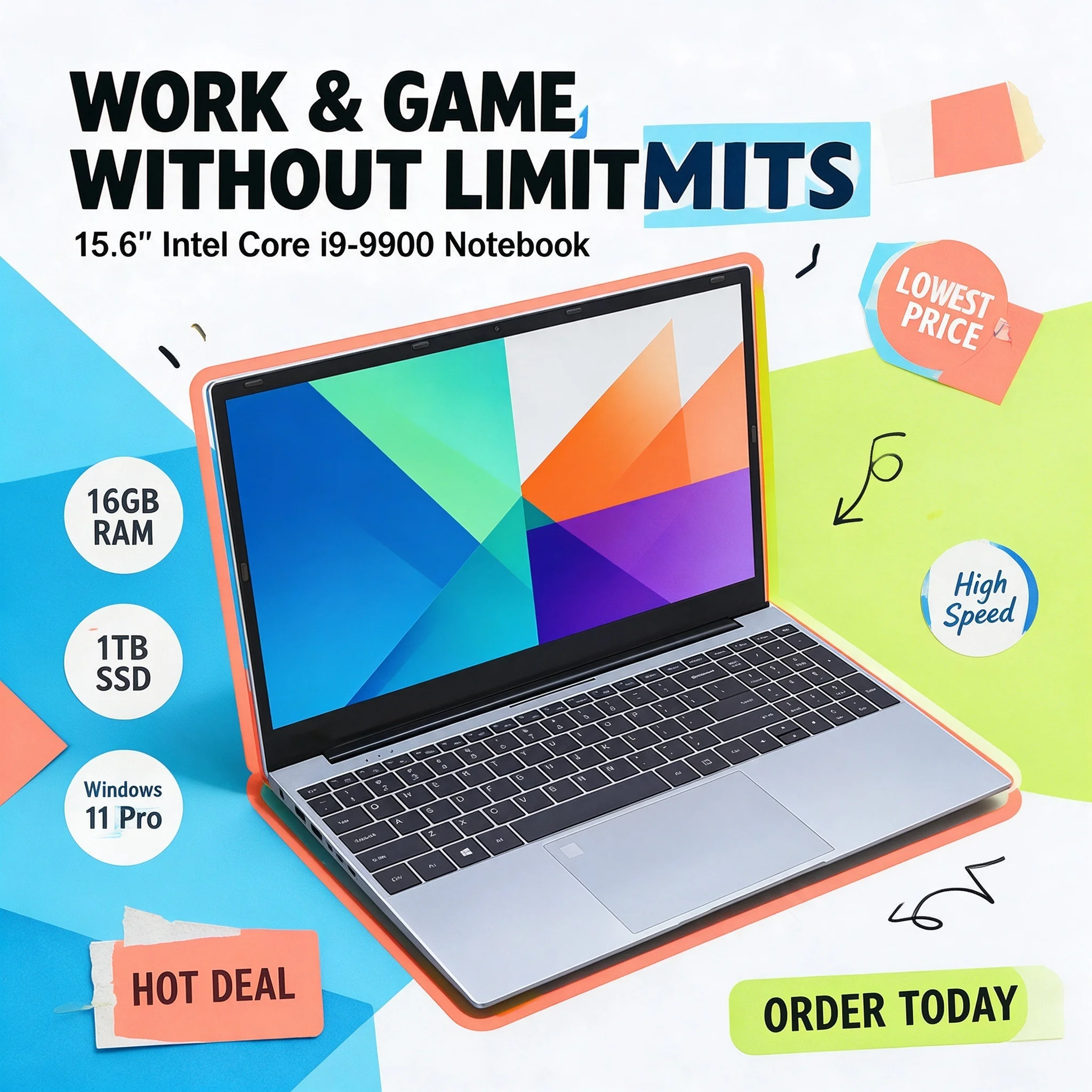 NEW Intel Core I9-9900 15.6 Inch Windows 11 Pro Laptops 16GB RAM 1TB SSD Office Gamer Study Notebook Computer PC