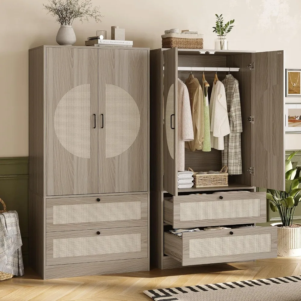 modern boho wardrobe closet wiht 2 drawers, 65" h large wooden bedroom armoires with rattan door & hanging rod, freestanding cl