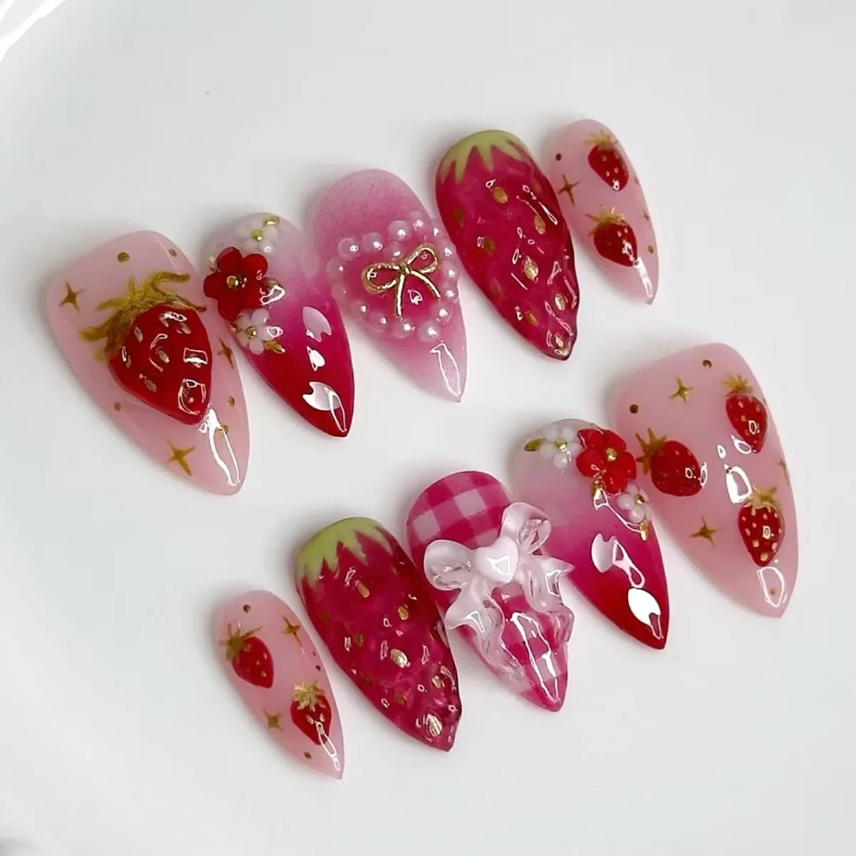 

24Pcs Mid-length Almond Nails Set Press on Strawberry Pearl Love Check Design Fake Nails 3D Bow Flower Reusable False Nails Tips