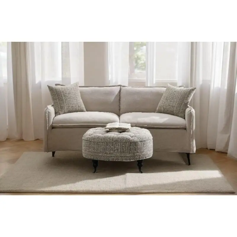 Sofá de tela con estampado beige con 2 cojines de lanzamiento, arena Yakety Yak y lino beige, diseño moderno para sala de estar