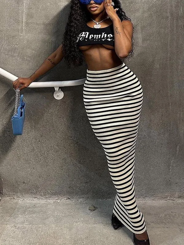 High Waist Striped Baggy  Dr Street Sle Bodycon Skirt Women's Faion Mid-Length f Skirt Summer Season