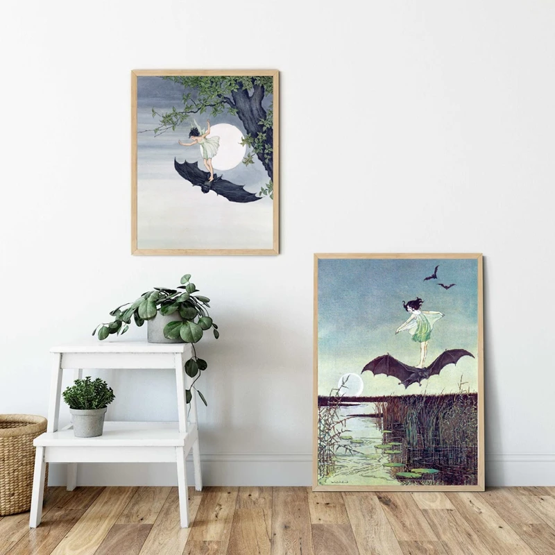 Vintage Fairy Tale Illustration Poster Fairy Riding a Bat Wall Art Canvas Painting Woodland Painting Full Moon Antique Witch Art