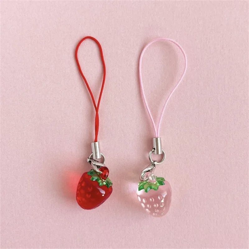 Cute Strawberry Phone Charms Resin Pendant with Created Accents, Mini Fruit Charm Mobile Lanyard Accessories