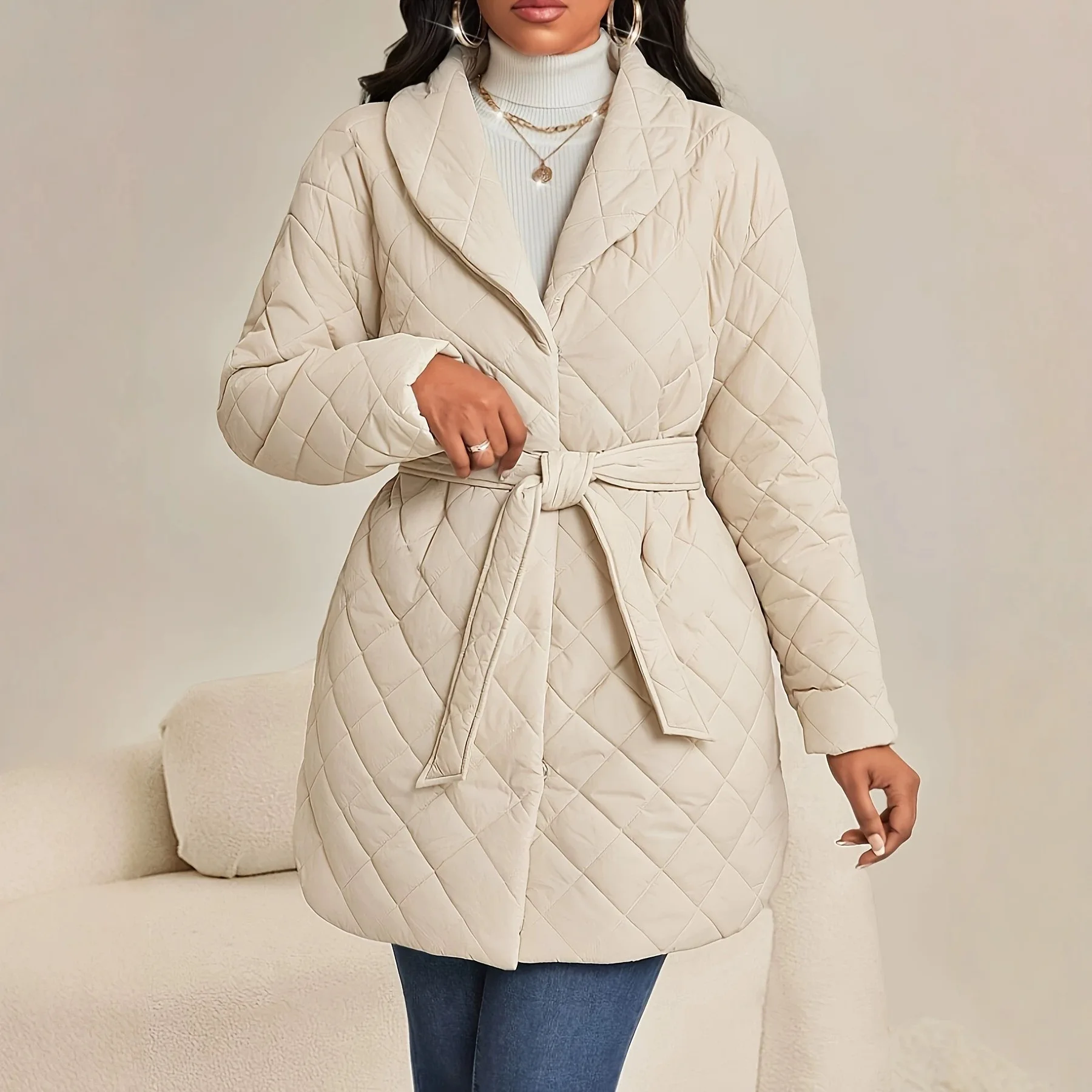 Belted Women's Quilted Padded Coat Mid-Length Lapel Tie Waist Trendy Fashion Classic Cozy Warm Soft Chic New Outerwear Coats