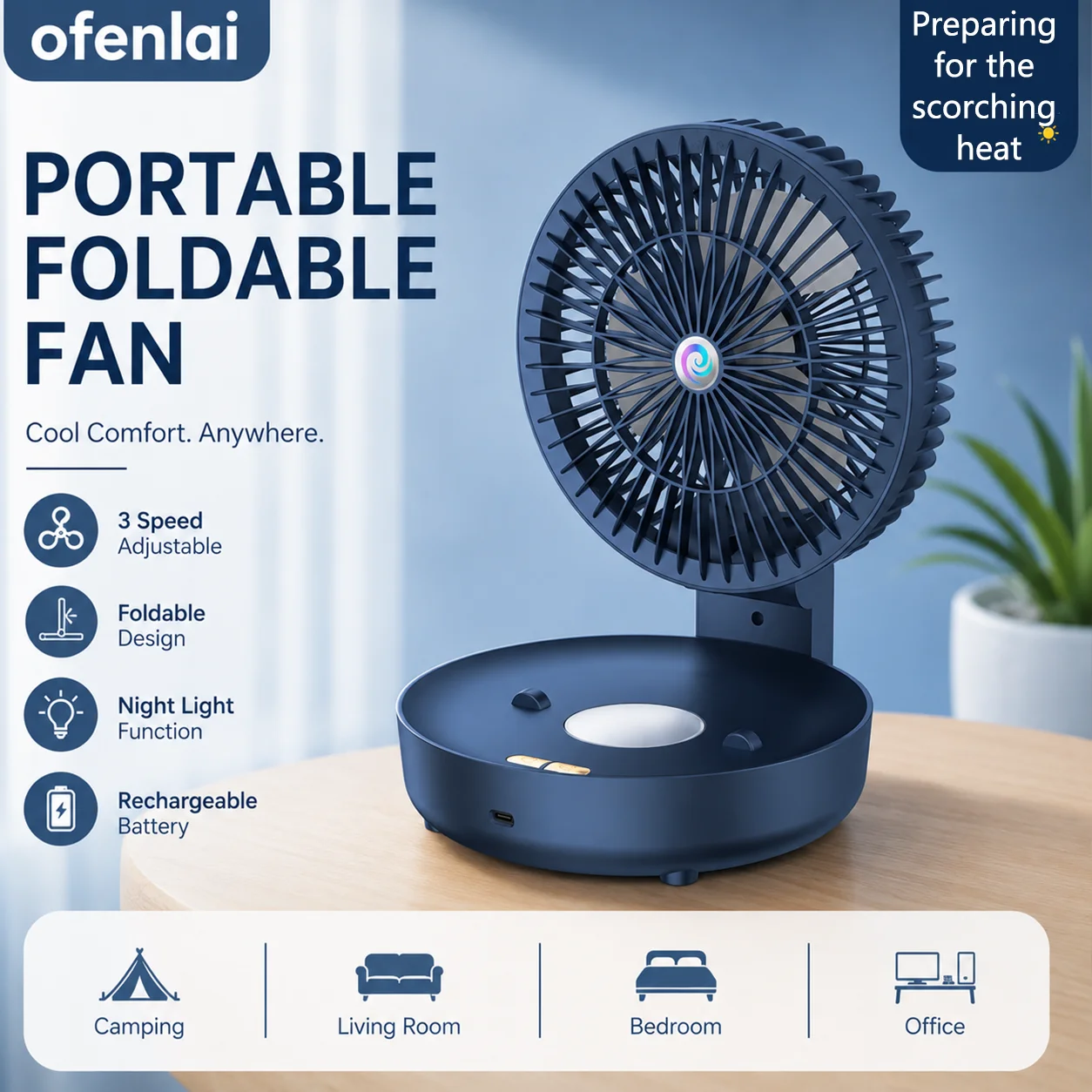 OFENLAI Portable Foldable Fan with Night Light Mini USB Fan for Bedroom Kitchen Office
