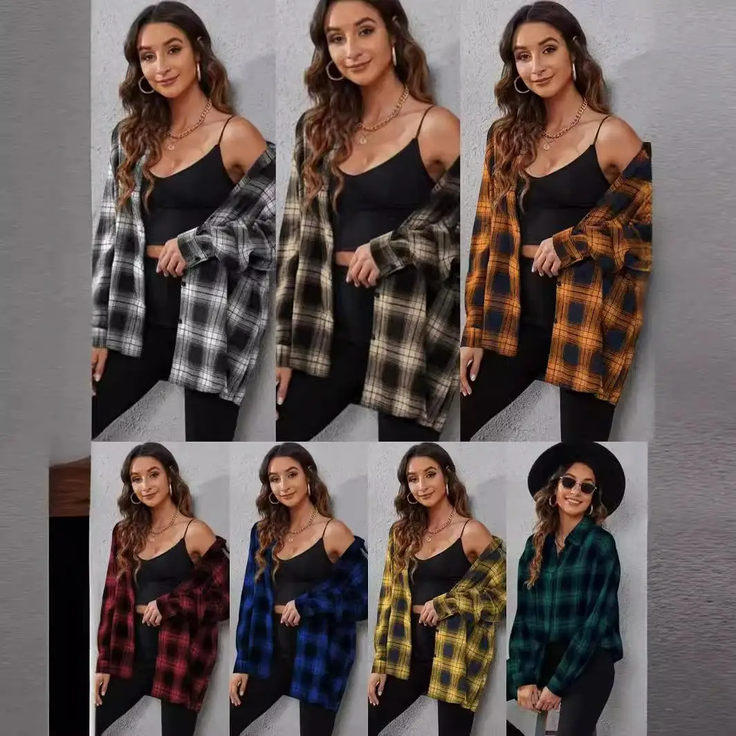 

Women's Plaid Cardigan Long Sve Lapel irt Color Blo Loose Fit Polyester Spring 2023 Faion-resistant Deformation