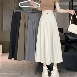 Koreaanse Herfst Lange Rokken Vrouwen Pak Effen Zak Hoge Taille Gedrapeerde Geplooide Jurk Mode Elegante Mooie Stijl Lieve Vrouwelijke Rok