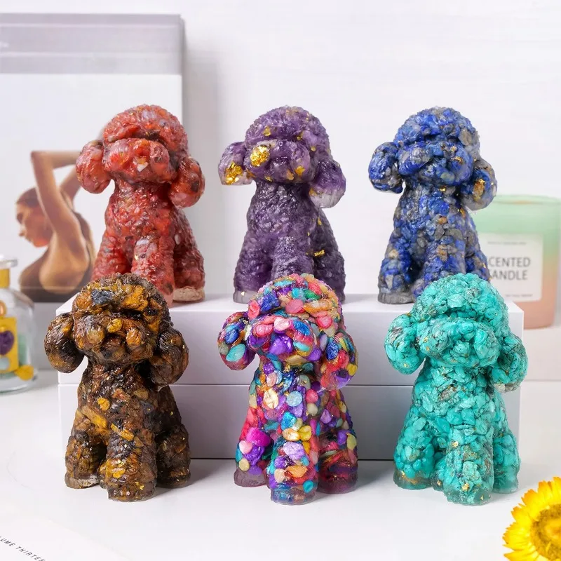 1PC Natural Crystal Gravel Teddy Dog Statue Dropper resin Reiki Stone Fengshui Creative Sculpture Study Room Home Decoration