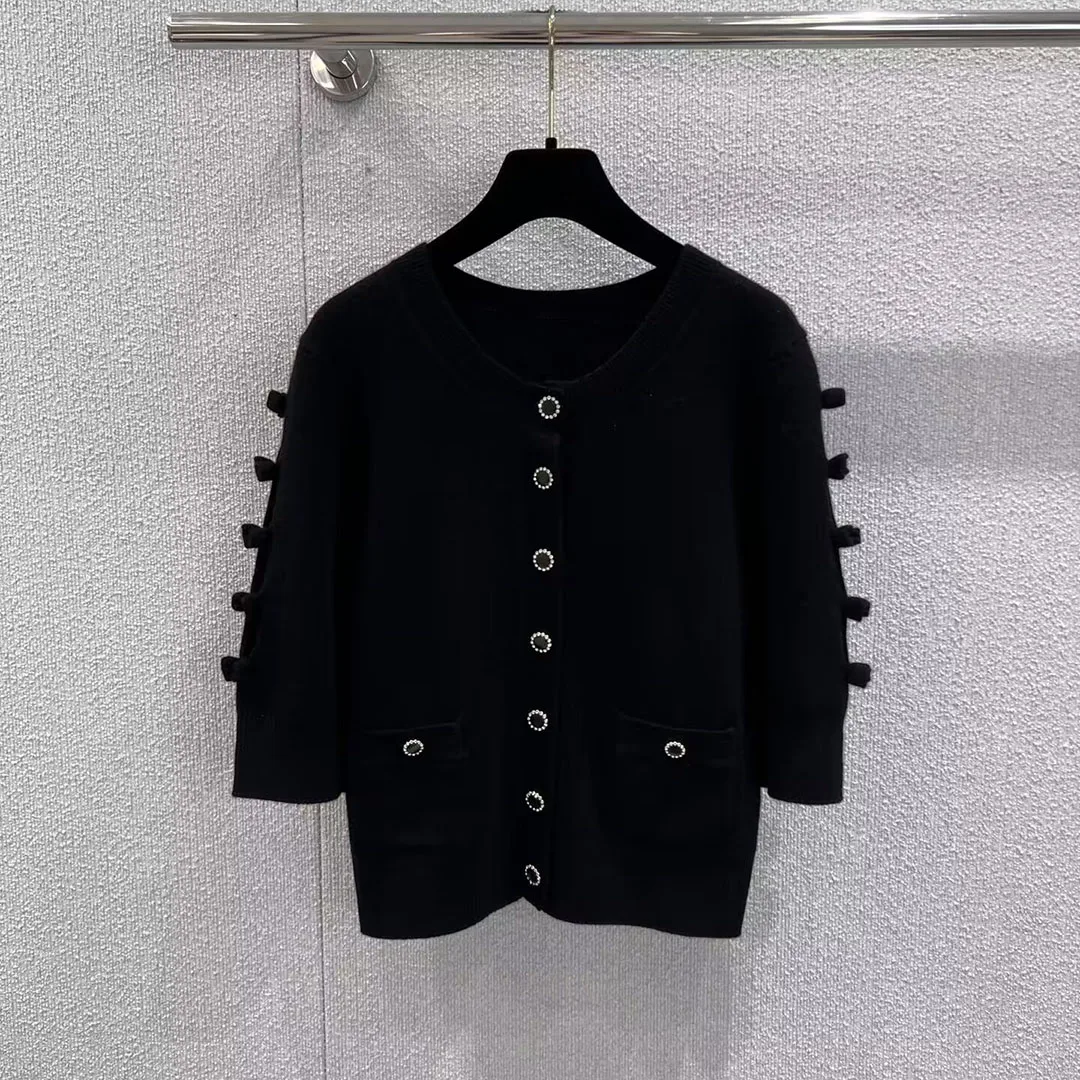 

Новый осенний модный роскошный 100% кашемировый вязаный кардиган, женский милый короткий свитер с вырезом и бантом три четверти с круглым вырезом