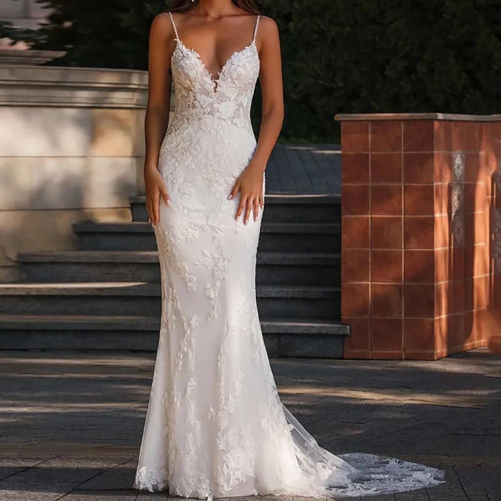 

V Neck Mermaid Long Wedding Dresses Backless Spaghetti Strap Lace Sleeveless Bridal Gowns Appliques 2025 Customized