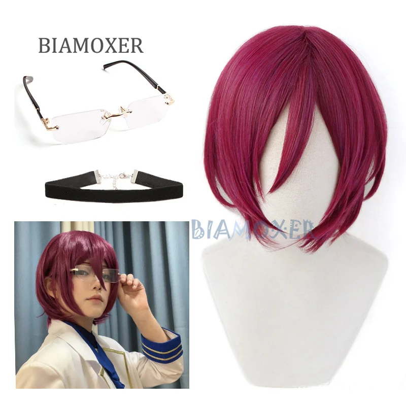 

Saegusa Ibara Cosplay wigs Ensemble Stars Short wine Red Mixed Wigs Heat Resistant Synthetic Hair Cosplay Glasses Eyewear