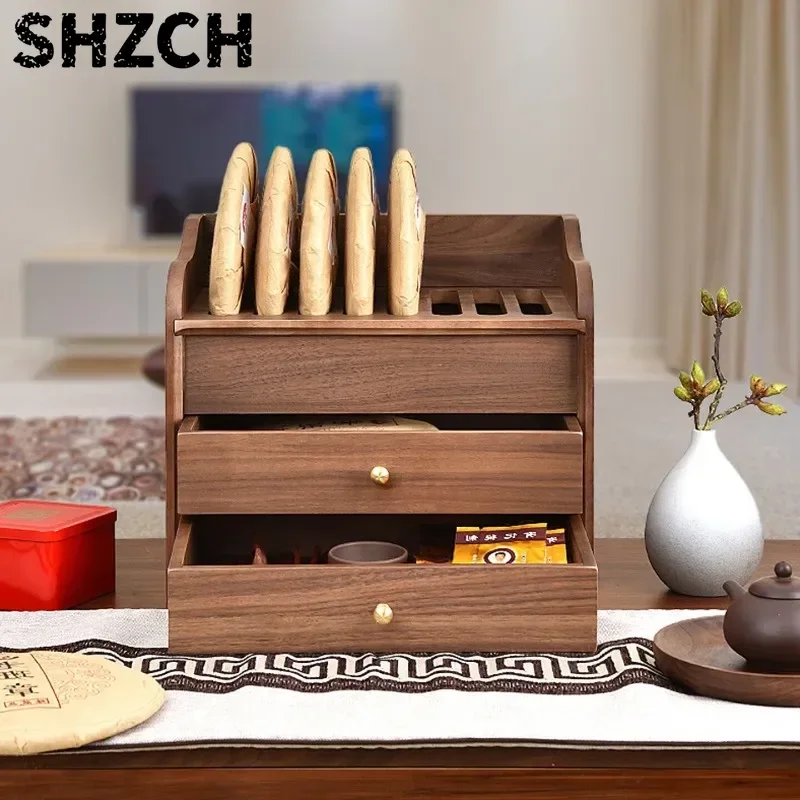 Solid Wood Pu-erh Tea Storage Cabinet Multi-Layer Drawer Tea Cake Organizer High-End Display Chest for Tea Station Living Room