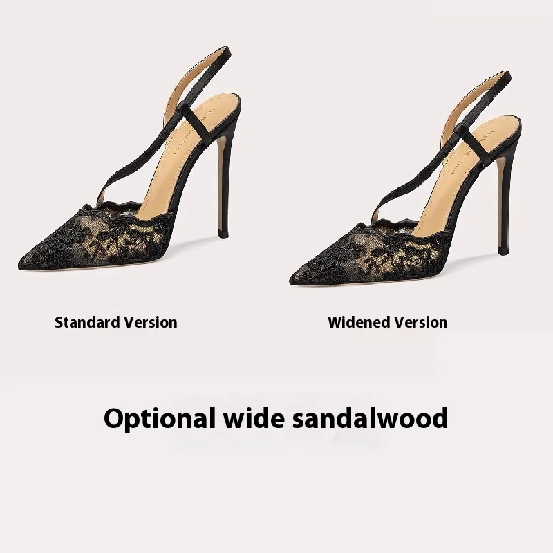 Low-heeled thin high-heeled wedding shoes summer new pointed lace mesh banquet large size small size wide version women's sandal