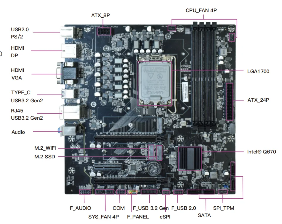 Q670 Gaming Motherboard LGA 1700 2*DDR4 64GB M.2 NVME Desktop Computer Mainboard High End for Intel 12th 13th Gen I3 I5 I7 I9