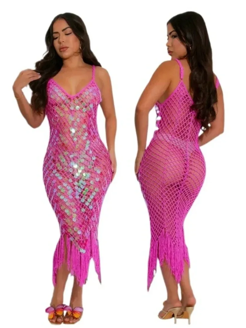 Sexy lantejoulas bodycon vestido para mulheres cinta de espaguete ver através de borla retalhos vestidos femininos festa clubwear novo