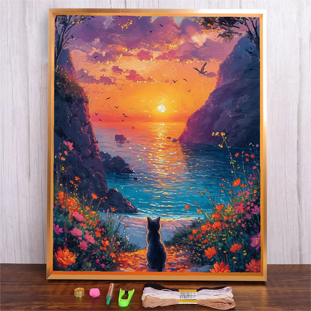 

Sunset Seascape Printed Embroidery Kit For Adults With Sea Pattern Cotton Thread Cross Stitch Kits Gift For Handicraft