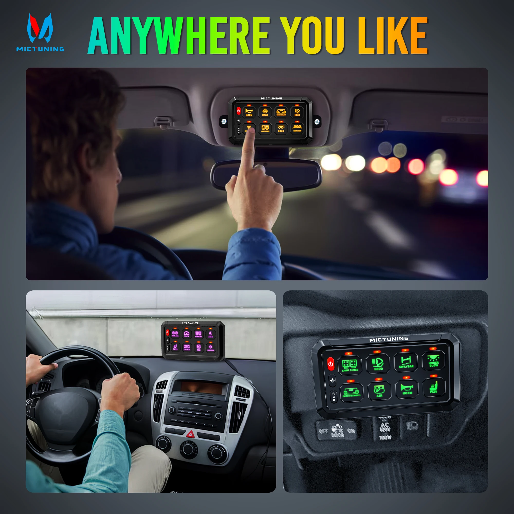 MICTUNING P1S-R 6/8 Gang Switch Panel RGB Colors Adjustable Brightness Switch Momentary Circuit Control Relay System Box For SUV