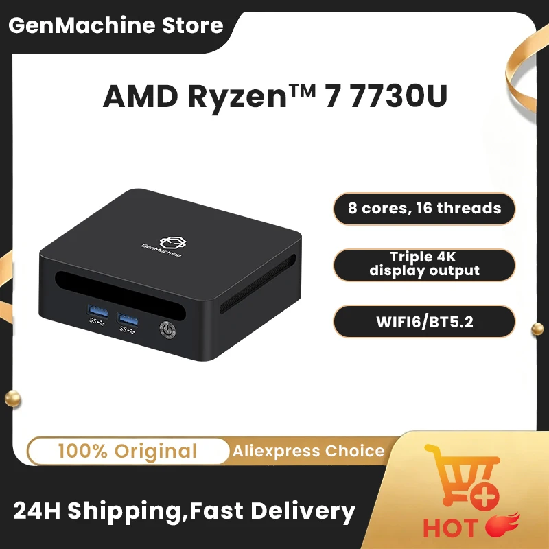 Genmachine AMD Ryzen 7 7730U Mini PC - 8C/16T, 15W Radeon Graphics, Dual M.2 NVMe, WiFi 6 Diy Gaming Computer Pc Gamer