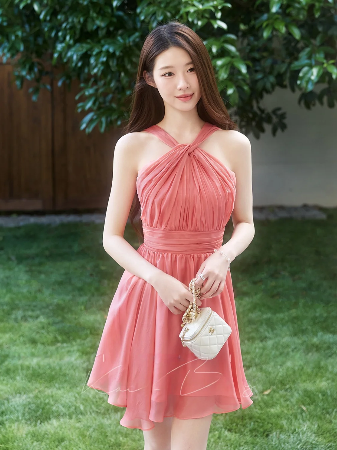 

Sweet Style Crossbody Sleeveless A-Line Short Dress Women's plus Size Waist Cinched Slimming Pleated Design Summer Dress