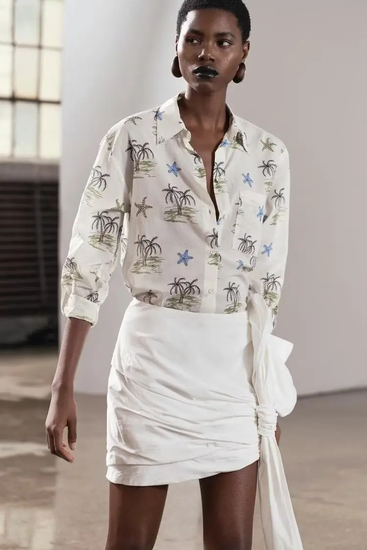 

Spring 2024 Women's Long Sve Print irt Versatile Casual Loose Fit Polyester Fabric Square Collar Button Closure Regular ...