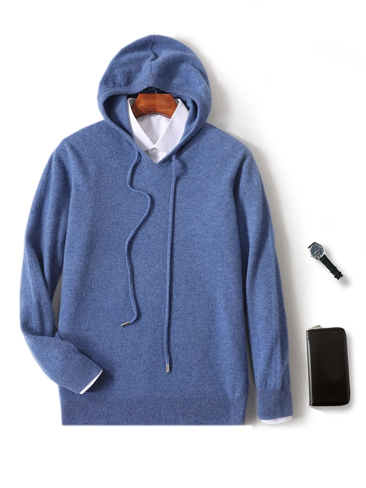 

100% Merino Wool Men's Hoodie Autumn Winter Casual Fashion Soft Hooded Knitted Wool Sweater