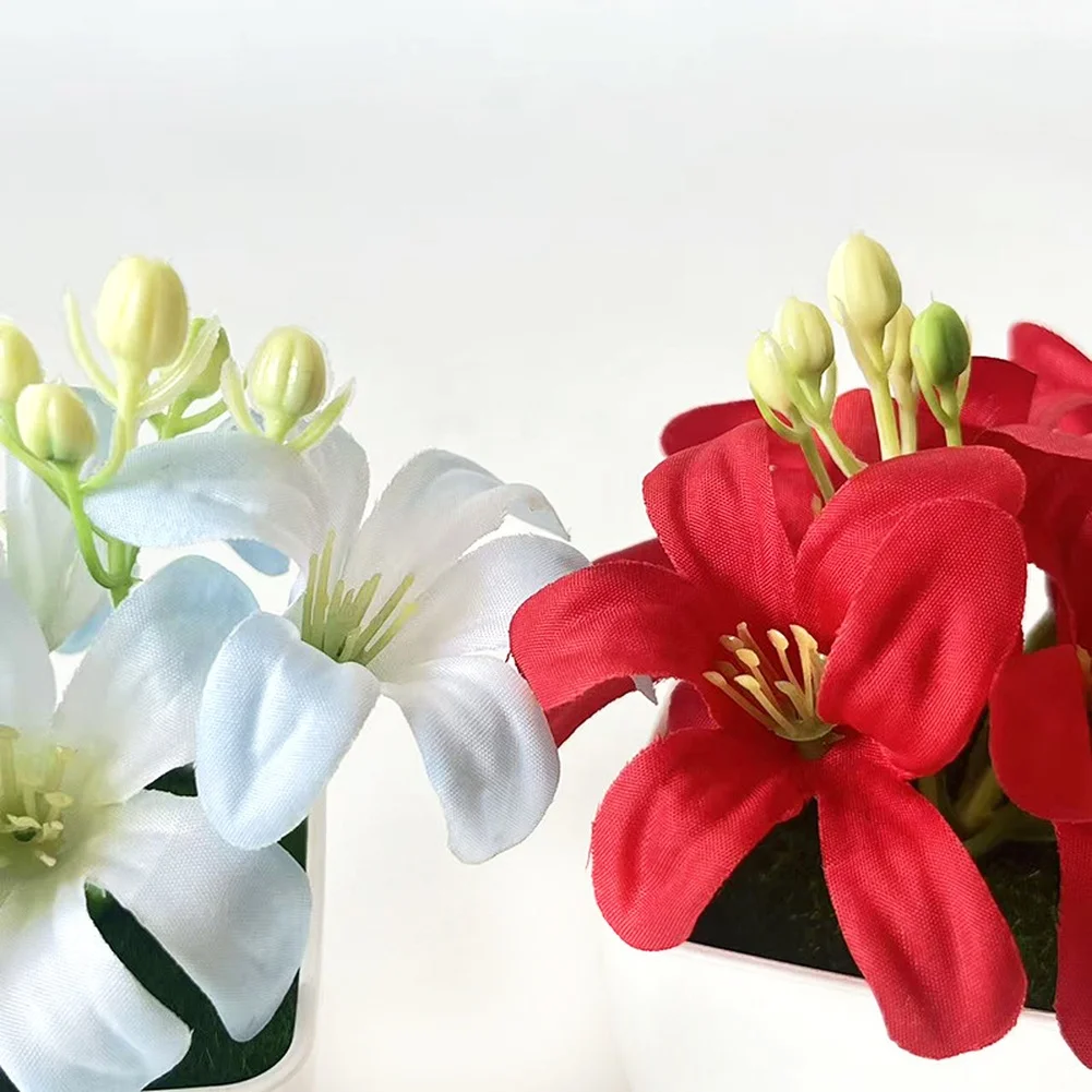 Miniature Artificial Lily Potted Plant 4.3 Inches Tall for Home Office Desk Shelf Decor White Pink Red Blue Orange Purple