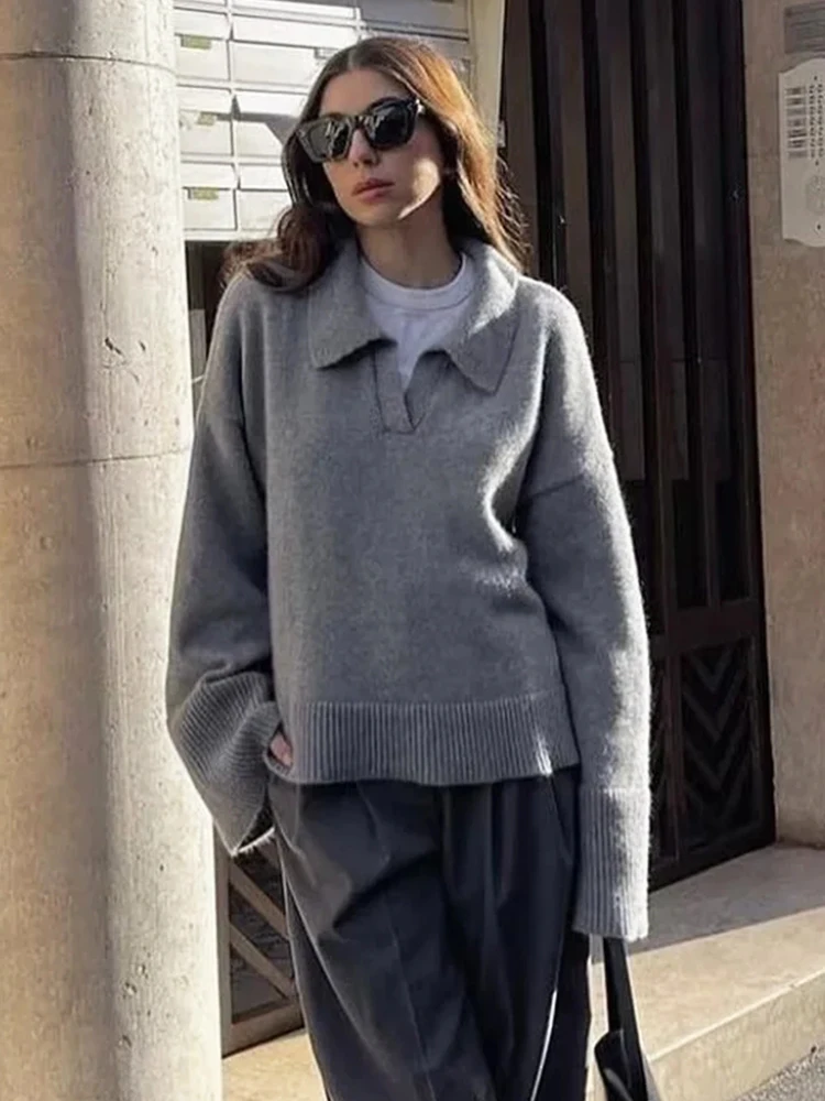 Foridol Grey Flare Sleeve Turn Down Collar Warm Winter Sweater Women Pullover Knitted Jumper Autumn Casual Sweater Loose