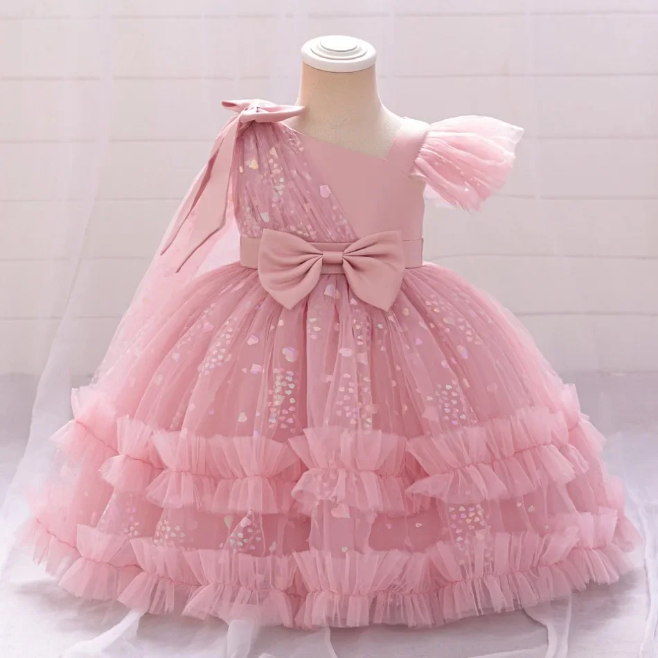 

New Single Shoulder Bow Girl's Princess Dress Children's Day Performance Evening Dress Birthday Party Girl's Baby Dress