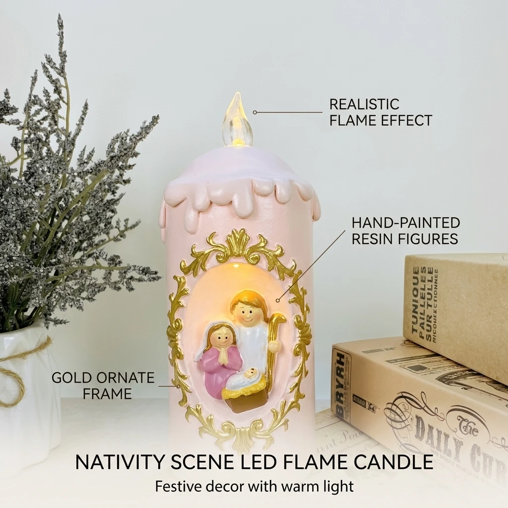 Christmas LED Lantern Pink Simulated Flame Lamp Jesus Birth Pattern Desktop Decoration Night Light Navidad New Year Gifts view 3