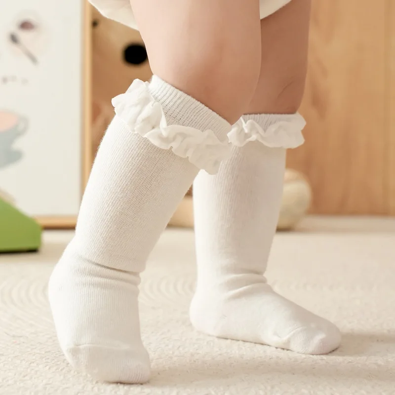 

Baby Ruffle Socks Kids Infant Girls Knee High Sock Toddler Girl Solid Cotton Lace Flower Long Christmas Sock For 0-3Years