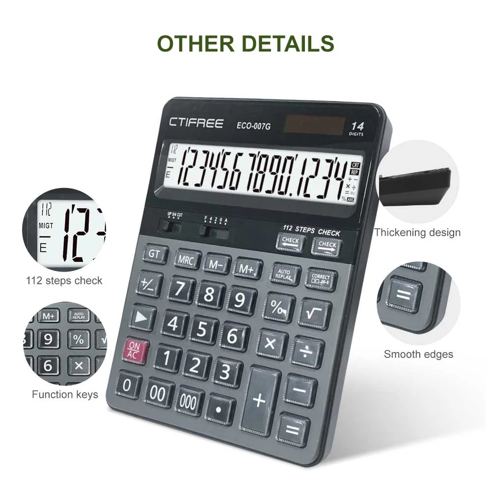 14 Digit Large Solar Power and LCD Display Big Button Calculator 112 Steps Check and Correct Function Suitable for Office