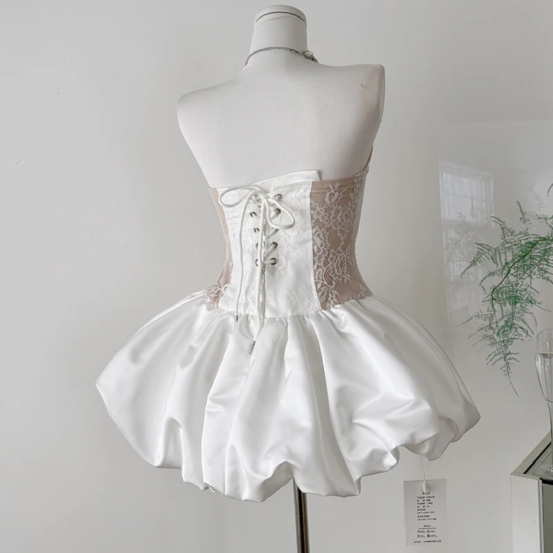 Słodka sukienka mini z koronką 3D w kształcie róży dla kobiet, bez rękawów, z wysokim stanem, z fiszbinami, bufiaste rękawy, haftowana koronka, satynowa sukienka w kwiaty.