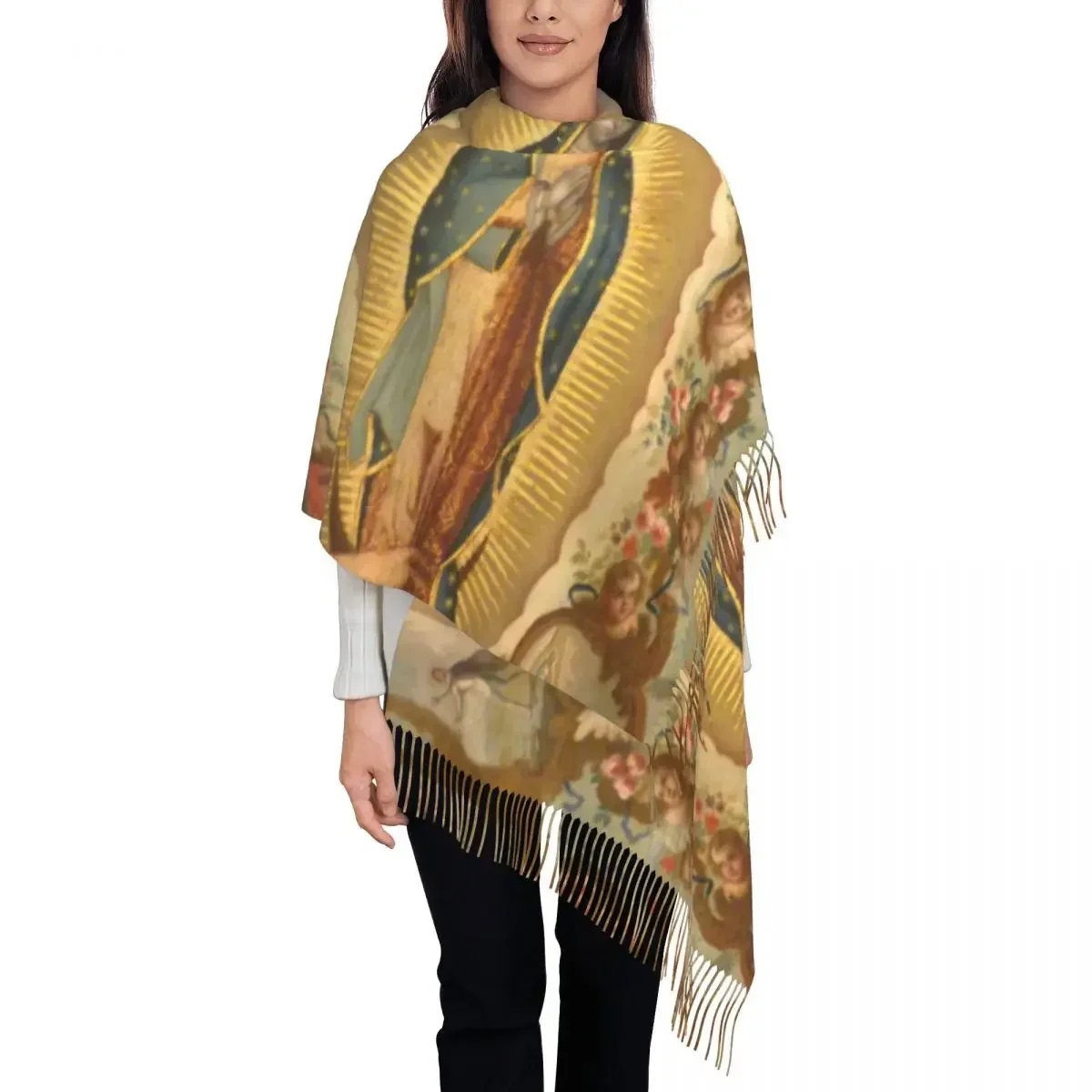 Custom Virgin Of Guadalupe Virgin Mary Tassel Scarf Women Soft Mexico Catholic Saint Shawl Wrap Female Winter Fall Scarves