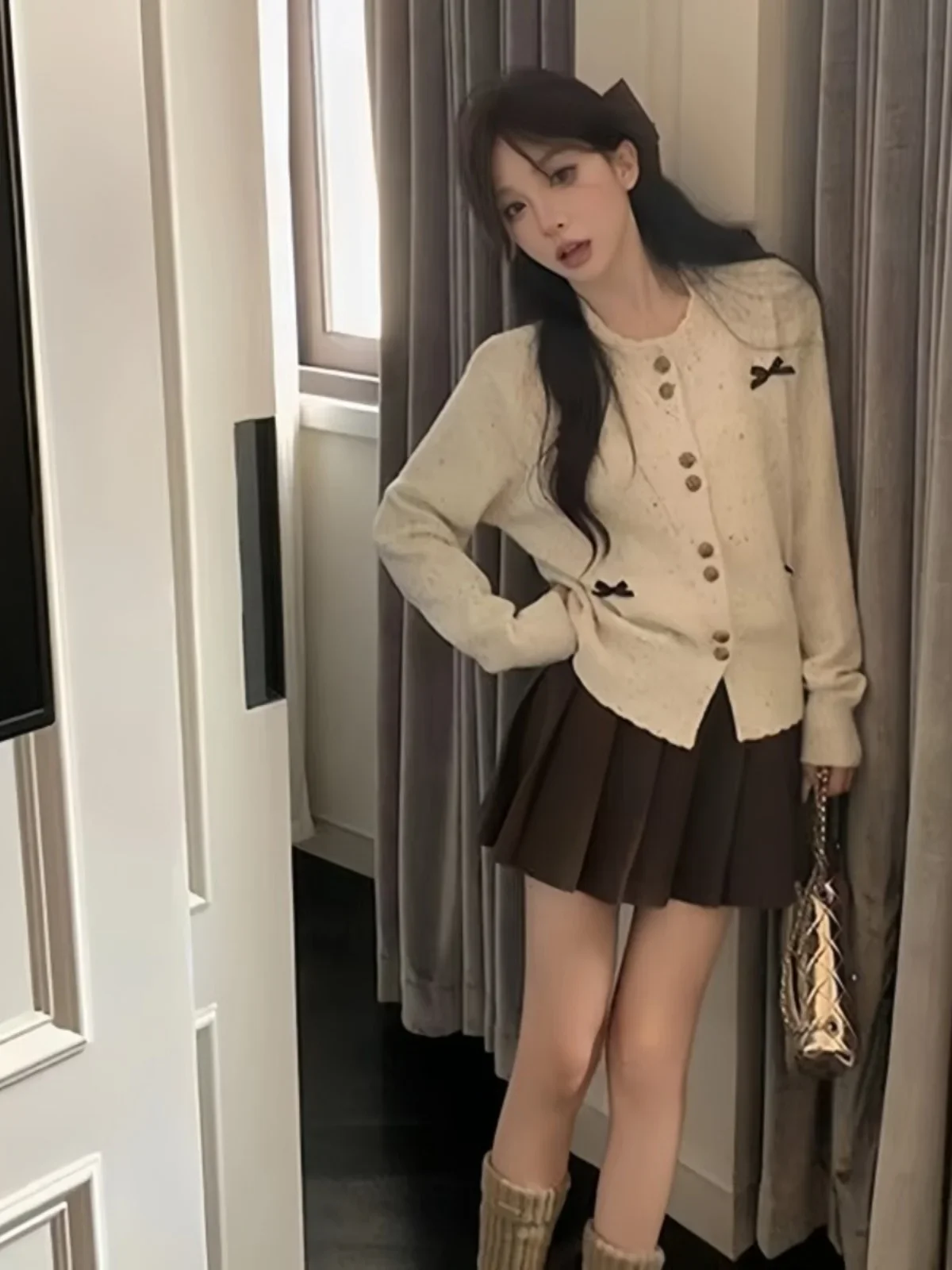 Pull femmes début du printemps noeud mince longue carte coréenne douce fille petit rond tricoté