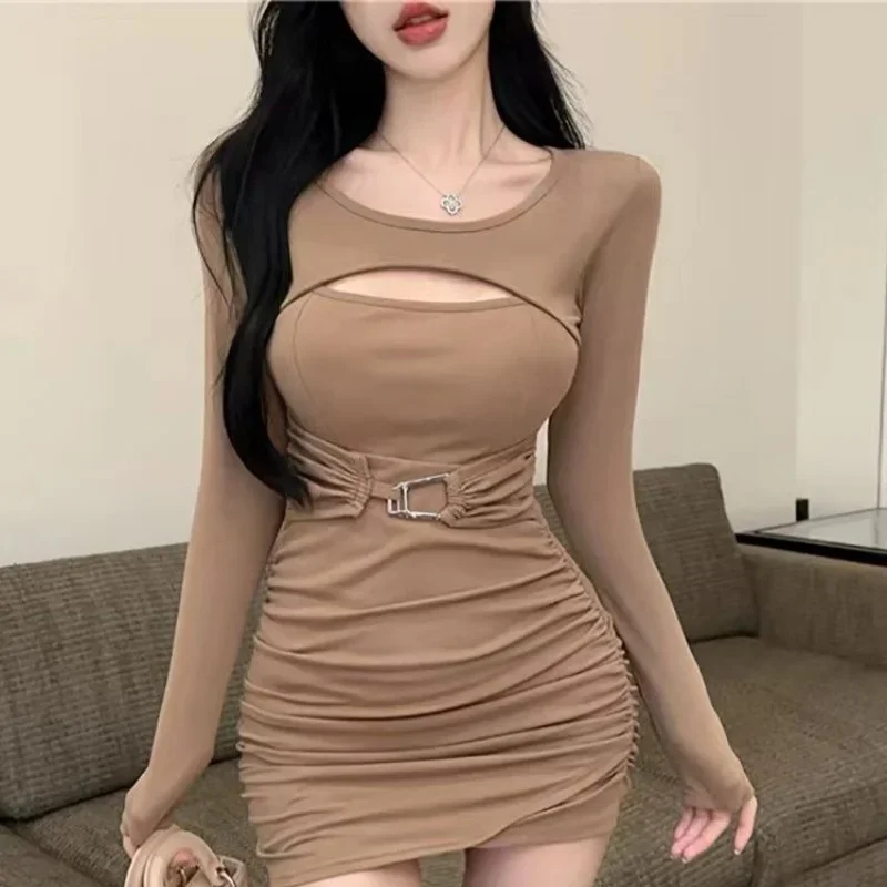 Vestidos de manga larga para mujer vestido de fiesta de noche elegante otoño Modal Beige ahumado fruncido cintura ajustada medio cuello alto minimalista