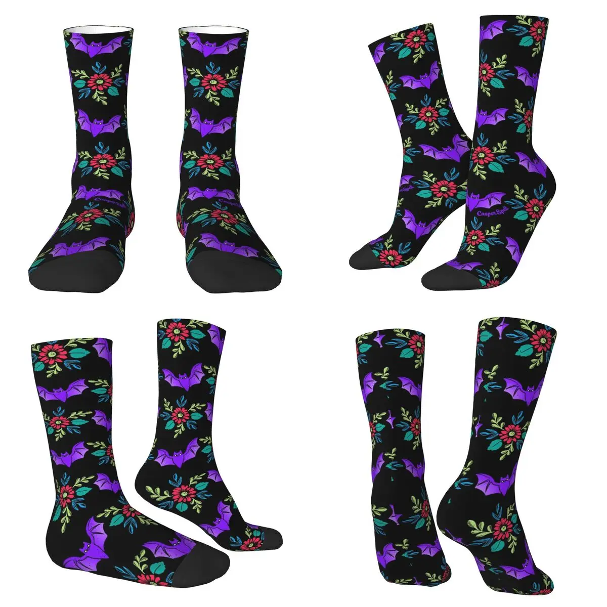 

Purple Bat And Flower Socks Harajuku Sweat Absorbing Stockings All Season Long Socks Accessories for Unisex Christmas Gifts