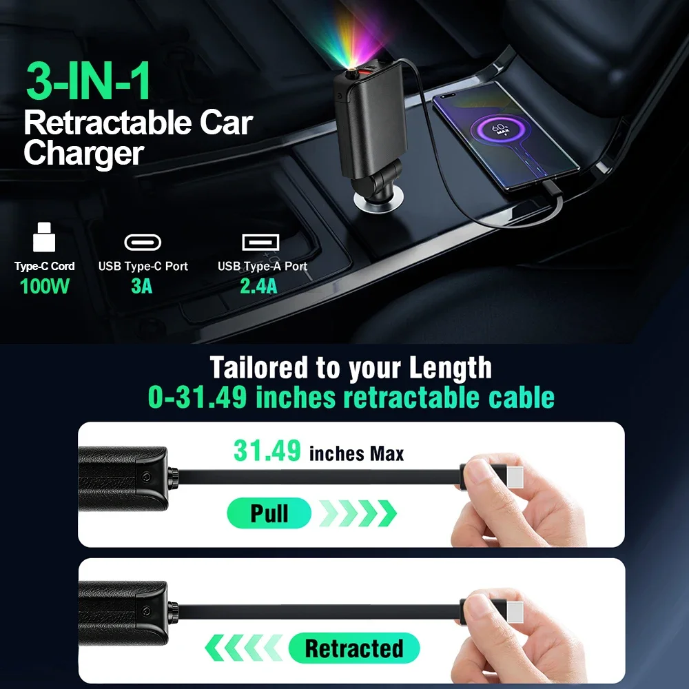 100W 3 IN 1 Retractable Car Charger Fast Charging Fast Charging Cigarette Lighter Adapter with Roof Starlight For Huawei Samsung