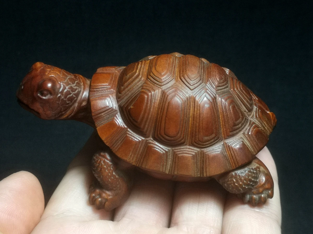 

1919 Antique art Size 3.4 Inch Japanese Boxwood Wood Hand carved Turtle Figurine Statue table deco Decoration Collectable Gift