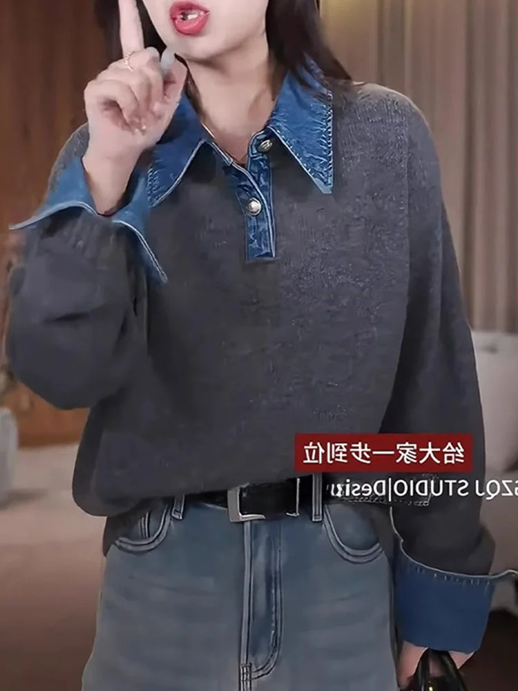 

Удобный свитер с длинными рукавами и джинсовыми вставками, повседневный универсальный осенний топ в корейском стиле, прямого кроя, для работы и отдыха