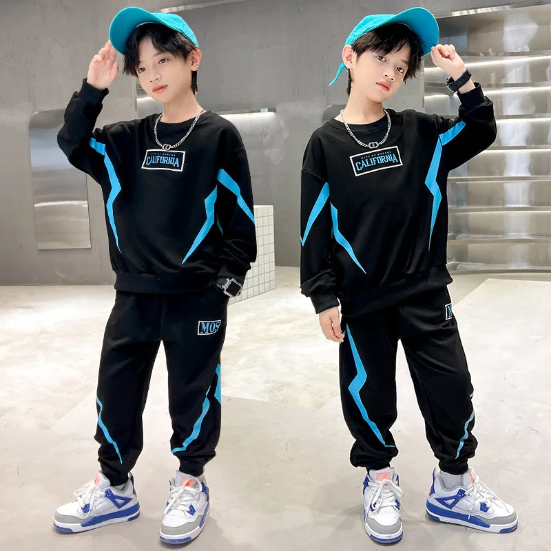 Teenage Boys Contrast Alphabet Lightning Printed Sweatshirt+Sweatpant Child 2PCS Tracksuit School Kids Jogger Outfit Workout Set