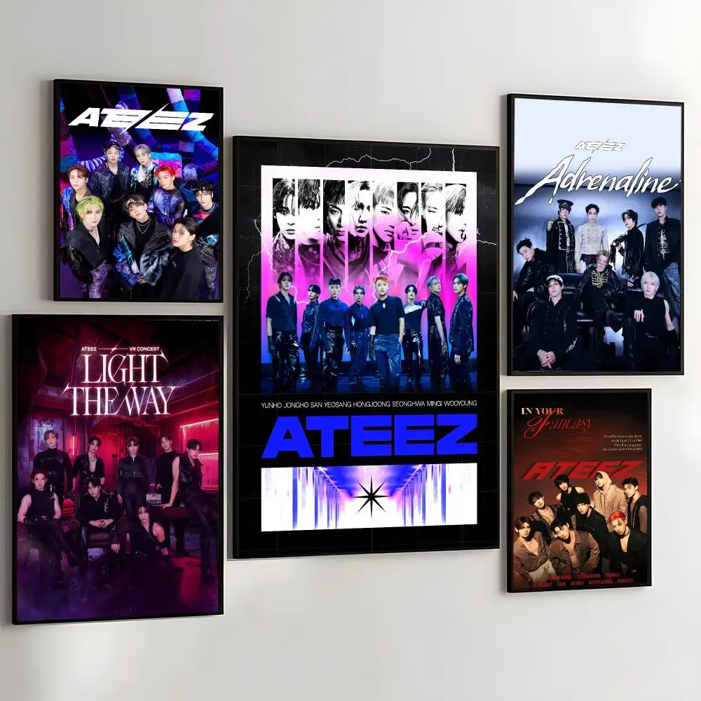 Kpop A-Ateez Boys Painting Calligraphy Self Adhesive Wall Art Waterproof Print For Bedroom Hallway Home Decor