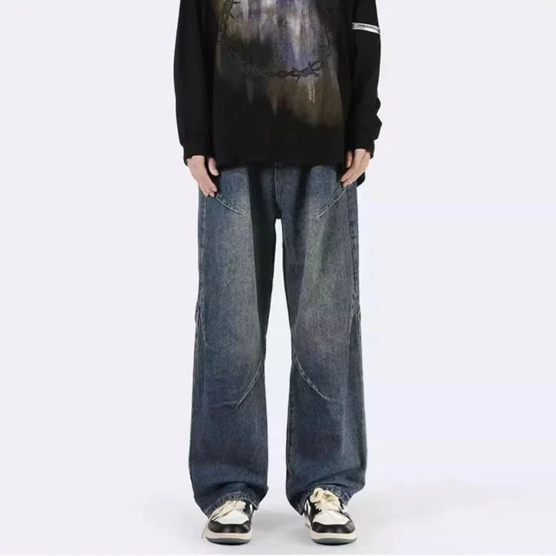 Y2K الدنيم السراويل الرجال المرقعة الجينز واسعة الساق فضفاض الشارع الشهير شارع العليا خمر لوحة غير المتماثلة فضفاضة تناسب بنطلون #4