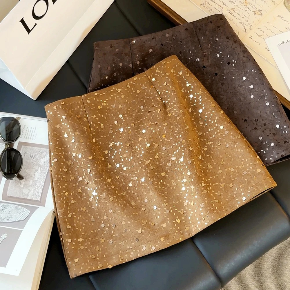 Ladies Sparkly Sequin A‑Line Mini Skirt High Waist Glitter Bodycon Suede Short Skirt  for Party Club Daily Wear Skirt Streetwear